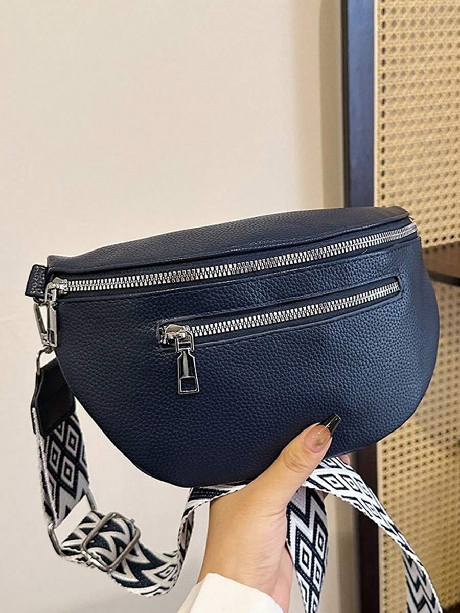 女士 PU 皮革斜挎包/腰包，新款休闲小号单肩包，纯色简约百搭胸包 - 藏蓝色 - 查看 1