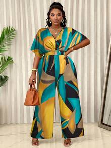 BIUBIU Plus Size V-Neck Artistic Print Jumpsuit (Random Floral Pattern) - Blue Yellow - View 4