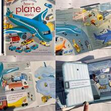 Lachilly Série de livros Peep Inside da Usborne - Como funciona um avião/ Como funciona um caminhão de reciclagem/ Como funciona um carro de bombeiros/ Como funciona um guindaste, livro ilustrado infantil, atividade interativa pré-escolar, livro de inglês para aprendizagem precoce