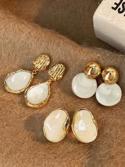 3 Pairs Vintage Elegant Soft Amber Resin Inlaid Earrings Set, High-End, Versatile For Daily, Party, Wedding Wear, Autumn/Winter