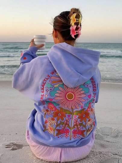 Women's Embroidered Hoodies Casual Cozy Stylish Floral Letter Pattern Long Sleeve Loose Fit Hooded Sweatshirt