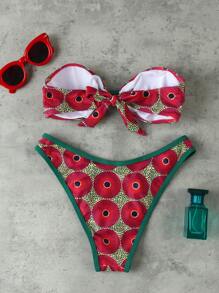 Women European And American Style Sexy Allover Print Bandeau Bikini Set