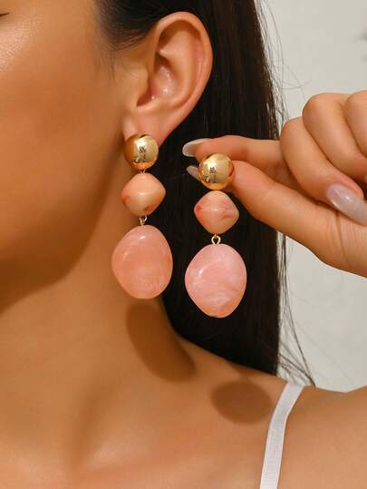 1 Pair Elegant Sexy Asymmetrical Geometric, Wavy, Faux Jade, Multi-Color Floral, Wood Grain, Ink Wash Pattern Resin Pendant Earrings With Golden Heart Stud, Suitable For Party, Holiday, Travel Wear. Each Resin Bead Has Unique Color Blend And Pattern, Mold Marks Are Normal
