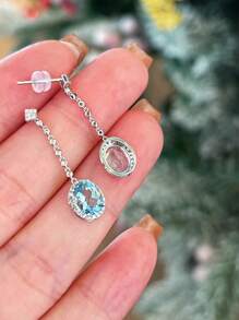 2pcs S925 Sterling Silver Original Fashionable Elegant Zirconia Aquamarine Oval Shape Tassel Pendant Earrings, Suitable For Women's Daily Wear, Festival Parties, Gifts