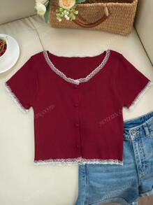 Maglietta in maglia a collo tondo stile francese, top cardigan sexy con inserti in pizzo e maniche corte, aderente
