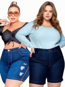 Kit 2 Bermudas Feminina Plus Size Jeans Com Lycla (Elastano) Modelo Meia Coxa