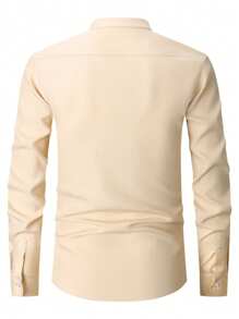 1 pièce Chemise à col montant à manches longues beige pour hommes, top polyvalent décontracté chic, coupe slim anti-froissage facile d'entretien, "Best-seller" Tenue de travail