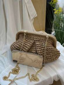 Straw Bag With Pleated Braided Pattern Clutch - Khaki - View 6