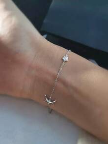 BALMORA 1pc Sterling S925 Silver Vintage Temperament Elegant Cute Moon Star Zirconia Gold Bracelet For Women Girl Minimalist Statement Daily Life Party Jewelry Gift - Silver - View 3