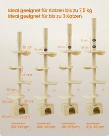 Kratzbaum deckenhoch, 231-291 cm höhenverstellbarer Katzenbaum, XXL, hoher mehrstufiger Katzenkratzbaum, 11 cm Dicke Stämme, Höhle, Liegemulde, Plattform,beige - Beige - Übersicht 6