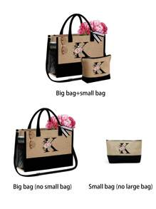 1 set, Bolso de mano tipo tote con estampado de flores con inicial A y correas para el hombro & Set de bolsas de maquillaje con iniciales de la A a la Z, bolso de regalo personalizado con bolsillos laterales, bolso de playa con pañuelo, bolsos de almacenamiento portátiles y de ocio, bolsas de compras multifuncionales, bolsa de almacenamiento simple para viajes
