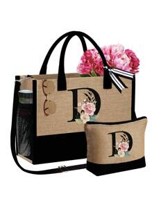 1 set, Bolso de mano tipo tote con estampado de flores con inicial A y correas para el hombro & Set de bolsas de maquillaje con iniciales de la A a la Z, bolso de regalo personalizado con bolsillos laterales, bolso de playa con pañuelo, bolsos de almacenamiento portátiles y de ocio, bolsas de compras multifuncionales, bolsa de almacenamiento simple para viajes