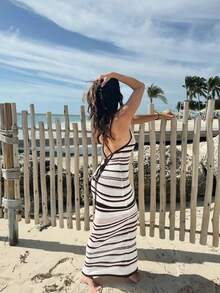 Vivid Style 性感镂空无袖修身条纹针织沙滩裙，适合夏季度假、圣诞节、新年等场合。 - 藕粉色 - 查看 3