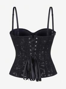 Lace Corset Bodice For Women, Black Lace Mesh Shaping Camisole With Adjustable Spaghetti Straps, Overbust Boned Bustier, Side Zipper