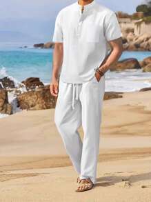 Mens Pants Set Loose Solid Color Short Sleeve Henley Tops Drawstring Pants 2 Piece Causal Outfit