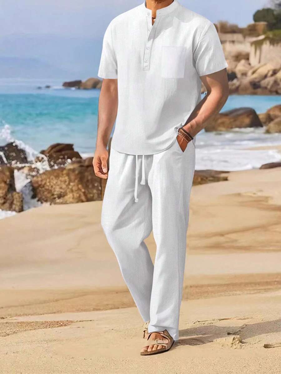 Mens Pants Set Loose Solid Color Short Sleeve Henley Tops Drawstring Pants 2 Piece Causal Outfit