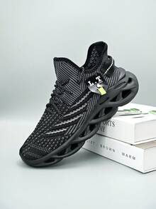 New Men's Breathable MD Sole Black Halloween Hollow Bottom Knitted Low-Top Running Shoes, Campus Style, Lightweight Comfortable Shock-Absorbing Sports Shoes (Knit Upper Shoelace Pattern & Heel Pull Random) - Black - View 5