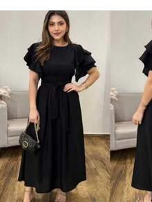 LONG DRESS WITH PUFFED SLEEVES, PRINCESS RUFFLE, LAYERS, BELT, PARTY, EVANGELICAL FASHION SKIRT - 黑色 - 查看 2