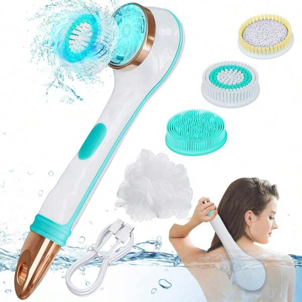 800mAh Cordless Type-C Electric Bath Brush Long Handle Sponges & Scrubbers Top Sell Rechargeable Body Brush Bath Shower Exfoliate Long Handel Waterproof Electric Bath Scrubber Body Cleansing Brush 4 In 1 Set Personal Care & Household Cleaning Bath Supplies