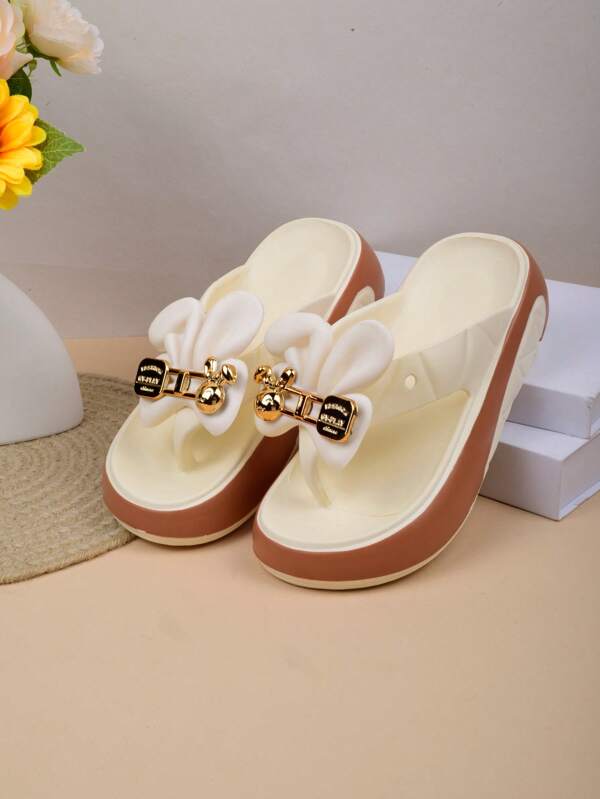 Women's Summer Platform Slippers, 2025 New Korean Version Casual Non-Slip Bowknot High Heel Flip-Flops, Versatile
