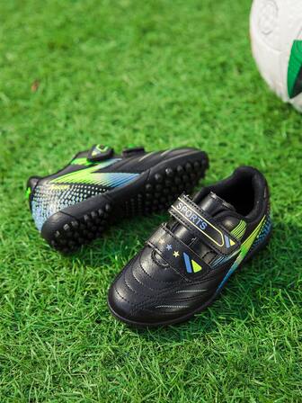 Children's Football Shoes, Hook And Loop Strap, Double Buckle, Adhesive Style, Studs, TF, Durable Rubber Outsole, Training Shoes Suitable For Artificial Turf, Short Grass, Dirt Fields, For Kids Under 12 Years Old