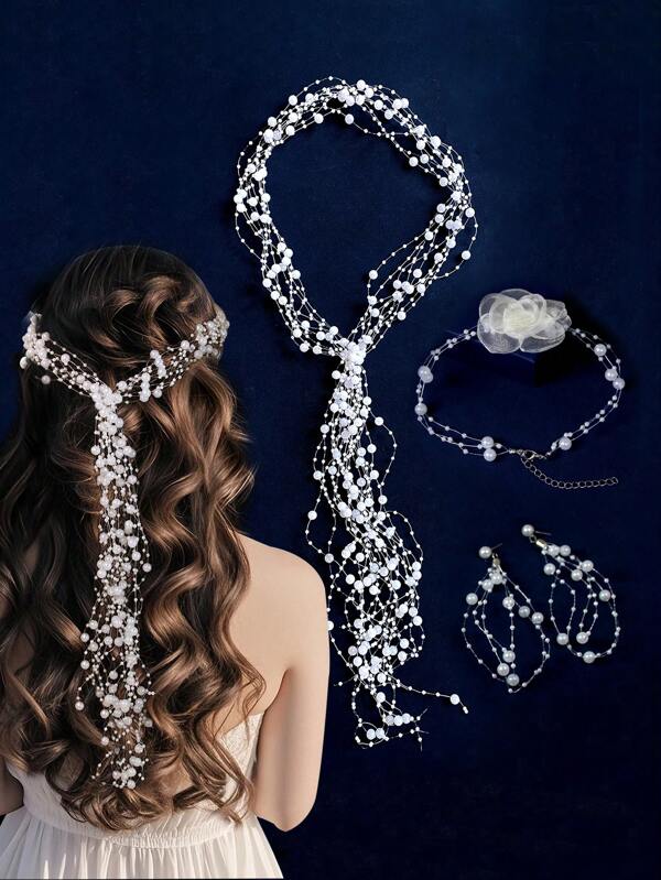 4pcs/Set Bridal White Faux Pearl Headdress, Necklace, Earrings Set For Women