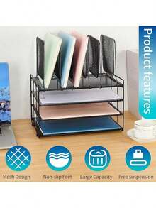 3 Tier Desk File Organizer With 5 Section Vertical File Holder, Metal Paper Tray File Holder Sorter Desk Organizers And Accessories For Office School, Detachable File Organizer For Desk(Black) - Black - View 3