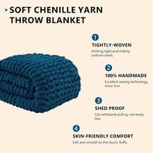 Chunky Knit Blanket - Soft Chenille Yarn Throws 40x50: Handmade Thick Cable Crochet Blanket - Large Chunky Yarn Rope Knot Throw For Couch, Sofa, Bed Home Decor - 藍色 - 查看 2