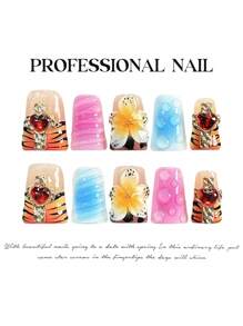 10pcs Duckbill 3D Blush Embossed Floral Leopard Print French Handmade Acrylic Press On Nails, Love Rhinestones Decorated Short Duckbill Fake Nails With Jelly Glue And Nail File, DIY Nail Art Supplies Valentine'S Day School Music Festival Travel