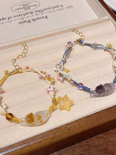 2 piezas de pulsera tejida a mano con colgante de gato y estrella adorables, regalo único para mejores amigas, esposa, festivales, joyería de animales, 1 azul y 1 amarillo, color del colgante aleatorio
