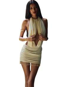 Women Bodycon Dress, Sleeveless Tie-Up Halterneck Backless Ruched Dress Tasseled Mini Dress Clubwear - Champagne - View 6