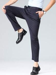 Men's Comfortable Slim-Fit Quality Business Dress Pants, Stretchy Straight Fit, Suitable For Holidays, Daily Wear, Commuting, Events, Weddings And More Occasions, For Fall - 藏蓝色 - 查看 5