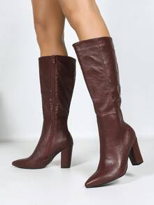 Women's Burgundy Pointed Toe Chunky Heel Over-The-Knee Boots, Stylish Casual Party Elegant Personalized Fashion Versatile Knee-High Boots - Burgundy - View 3