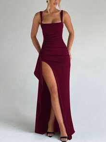 Women Elegant Sexy Slit Sexy Bodycon Modest Spring Summer Party Evening Festival Vacation Burgundy Long Dress - Burgundy - View 1