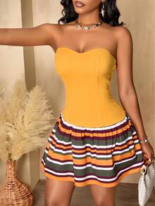 Women's Sexy Casual Tube Top Solid Color Striped Dress, Suitable For Daily Shopping, Commuting And Vacation (Random Pattern) - Yellow Orange - View 6