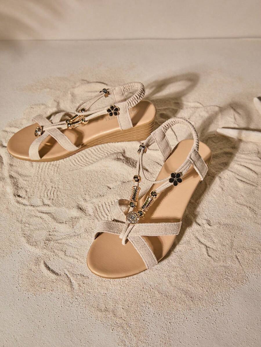 Tropiscape Damen Plateau-Keilsandalen mit metallischen Verzierungen und offenem Absatz, Valentinstag, Herbst, Weihnachten, Weihnachtsgeschenke - Beige - Übersicht 1