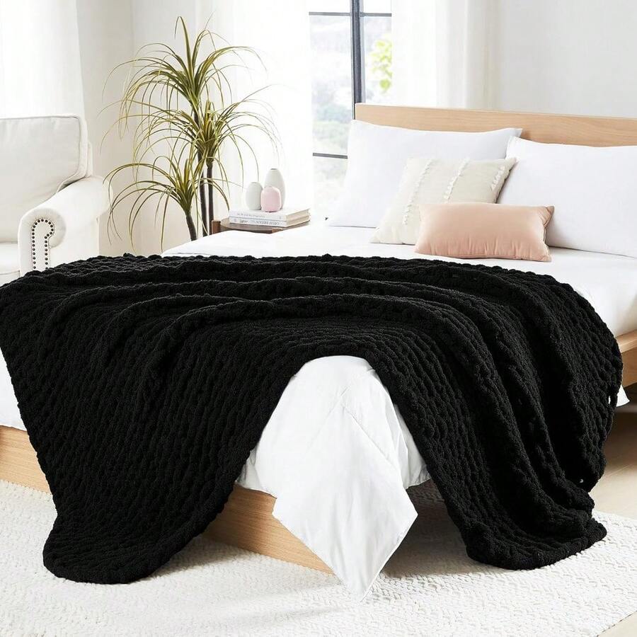 Chunky Knit Blanket - Soft Chenille Yarn Throws 40x50: Handmade Thick Cable Crochet Blanket - Large Chunky Yarn Rope Knot Throw For Couch, Sofa, Bed Home Decor - 黑色 - 查看 1