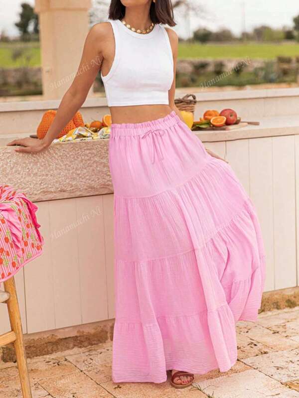 Elastic Waist Ruffle Hem Skirt, Elegant Billowy Flared Skirt, Lightweight For Vacation & Travel, Spring/Summer