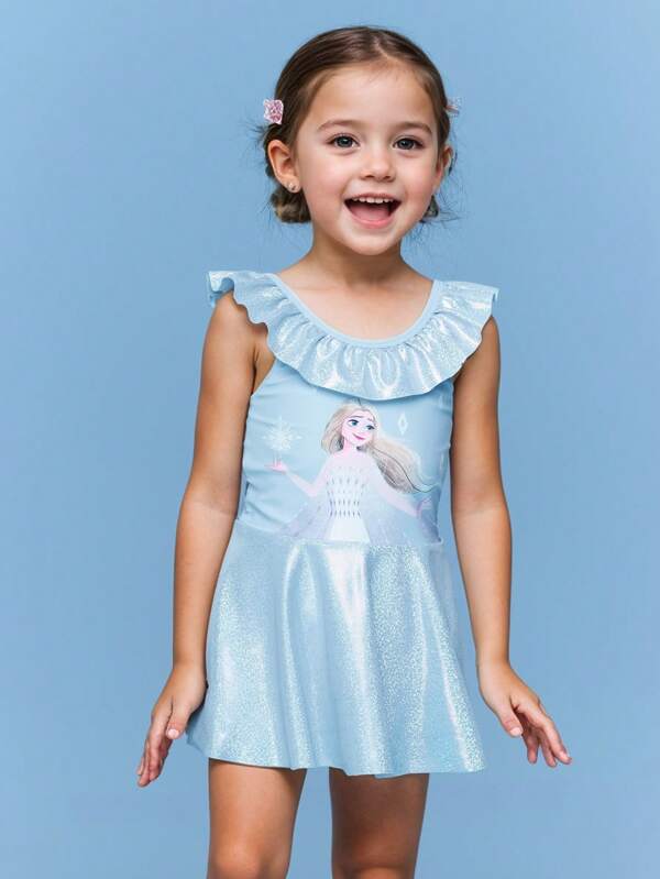 Balabala Disney Elsa Girls One-Piece Swimsuit With Swim Cap, Princess Bathing Suit, Ruffle Neckline, UV Protection, Sparkly Fairy Style Swimwear