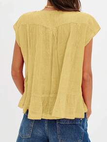 Women Summer Boho Button Front Lace Trim Shirts Tops Y2k Short Sleeve Square Neck Flowy Frilly Chiffon Cardigan Ruffle Eyelet Tank Tops Beach Vacation Going Out Tops Blouses Casual Aesthetic Clothes - Màu vàng - Xem 2