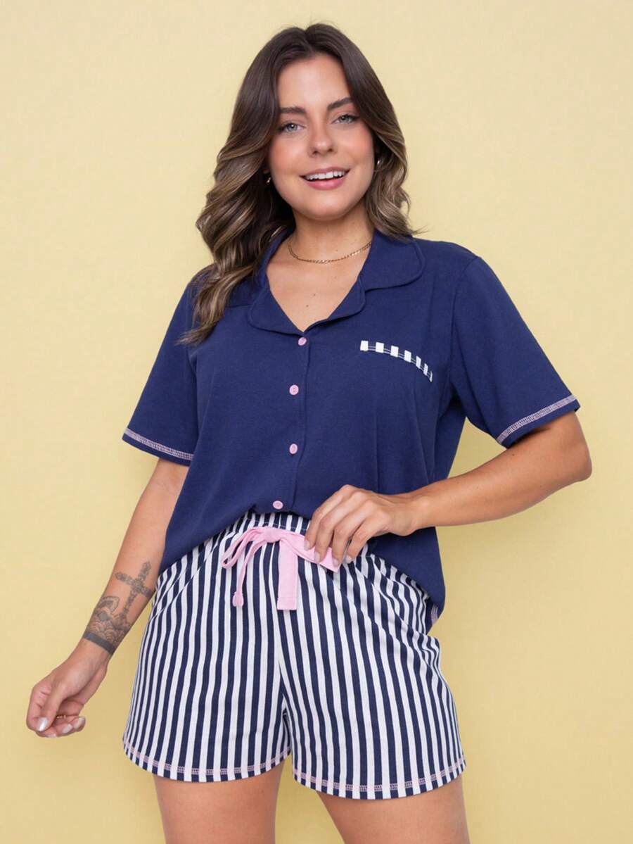 American Navy Striped Short Cotton Pajamas - Navy Blue - View 1