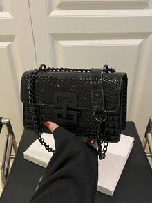 迷你时尚女士复古单肩包，金属链条轻便斜挎包，PU材质，休闲翻盖方包，鳄鱼皮纹包，女孩购物包，适合女性日常通勤，小巧便携 - 黑色 - 查看 2