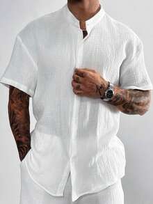 Old Money Style Men's Shirt White 100% Cotton Shirt Minimalist Stand Collar Short Sleeve Button Up Shirt Breathable Office Summer Wear Father's Day Gift - White - View 2