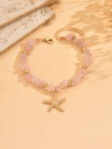 1pc Summer Beach Vacation Style Pink Turquoise Anklet, Fashion Beaded Metal Starfish Pendant Foot Jewelry, Suitable For Women's Daily Outfit, Dining And Beach Travel. The Shape And Size Of The Natural Stone Fragments Are Random And Not Fixed, Please Refer To The Actual Item Received. - Multicolor - View 2
