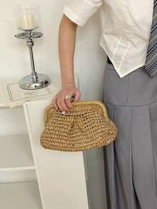 Straw Bag With Pleated Braided Pattern Clutch - Khaki - View 1