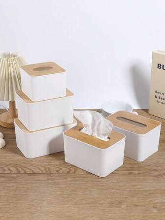 1 件现代白色塑料纸巾盒，带竹盖 - 时尚矩形纸巾分配器，适用于厨房、卧室、客厅 - 木质盖，非常适合家居装饰和整理，纸张收纳架，餐巾盒收纳盒，木质盖