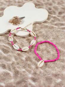 7 pièces/Set Bracelet style bohème avec coquillage et perle avec pendentif étoile de mer, Set de bracelets pour femmes (couleur de perle aléatoire)