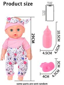 29厘米仿真娃娃玩具，眼睛可动，会喝水和排尿，4种音效，配有奶瓶和安抚奶嘴，互动游戏套装，可作儿童睡眠伴侣。 - 彩色 - 查看 12