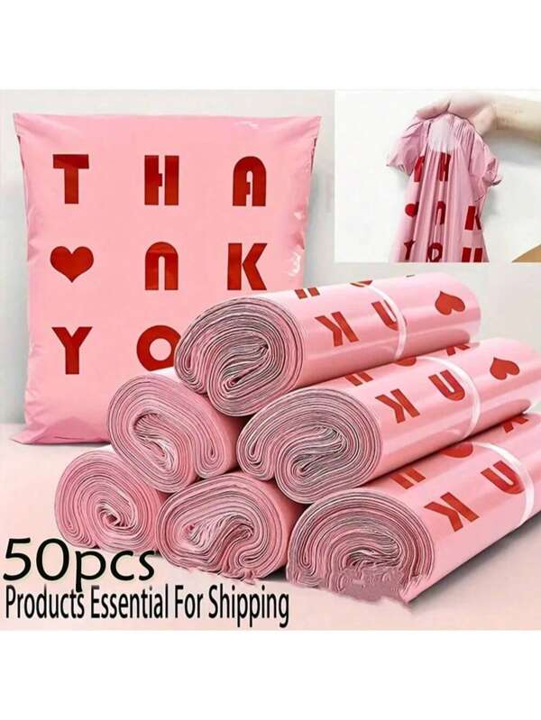 100 Waterproof Polyethylene Mailing Bags With "Thank You" Heart Design - PE Plastic Courier Envelope For Safe Mailing, Pink, Perfect For Small Business Packaging, Courier Bags | Heart-Shaped Design | Thickened Structure, School Supplies,Back To School