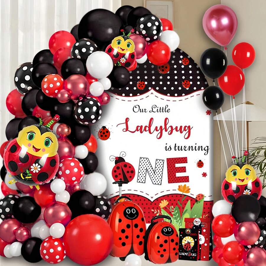 102pcs Cute Ladybug Happy Birthday Balloon Party Decoration Set - Black, Red & White Polka Dot Balloons With Ladybug Balloons, Suitable For Birthday Party, Spring Room And Garden Celebration Decoration